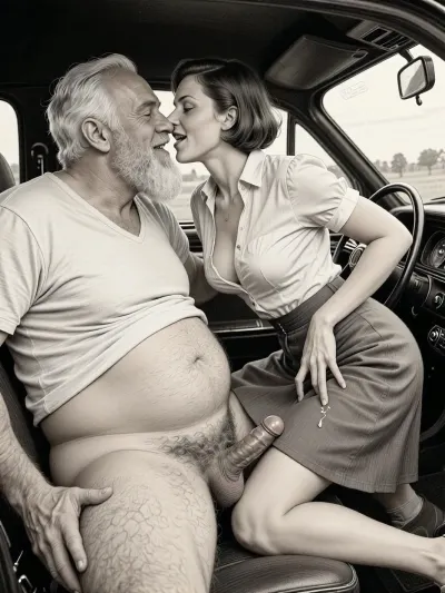 This is a detailed monochromatic pencil drawing in a classical illustrative style depicts a scene set petting in 1950s, (obese bearded white haired older dilf in passenger seat receiving A passionate kiss by milf woman Standing on all fours in driver seat), POV, lustful smile, focused on hairy scrotum, milf woman in driver seat is helping older dilf cum, masturbating the older dilf's cocks, (((beautiful short brown hair milf, madam with hourglass figure, she is wearing in an open blouse and a skirt, (wide hips)))), (((the woman looks at the older man))), (((her skirt pulled up:1.5)), ((her naked bottom is visible)), he rough grabs her tits hard, undersides of penis, ((a woman masturbating of a man's penis)), dimly lit, tiny penis, sitting in car, fat and skinny, v neck t shirt pulled up above big hairy belly, ((pubic hair:1.7)), cum on woman's lips, sweatpants pulled down, petting in the car, hairy scrotum. The overall mood is intense, rendered in fine, expressive line work and subtle shading, evoking the style of 1950s satirical or moralistic illustrations.)