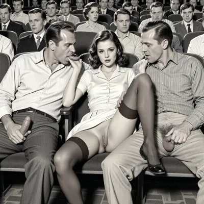 This is a detailed monochromatic pencil drawing in a classical illustrative style depicts a scene set in in the movie theater in the 1950s.2 old men and 1woman are сидят на сиденьях кинотеатра with the girl in the middle, woman is wearing a 1950s dress and Her dress is slightly pulled up, she is wearing brown stockings but no panties, no shoes. her genitals are slightly visible, Her knees are spread. both old men are casually dressed with open trousers and errected dicks, with brown hair, men are looking sexually aroused and lustful, a woman leaning heavily towards the groin of one of their old men sucks his cock, the second old man roughly touches her hairy genitals, candid amateur picture, man is fully visible, men are looking into camera, The cinema is full of people . The overall style is a black and white pencil drawing, capturing a candid moment. The scene has a formal, organized atmosphere. The overall mood is intense, rendered in fine, expressive line work and subtle shading, evoking the style of 1950s satirical or moralistic illustrations.