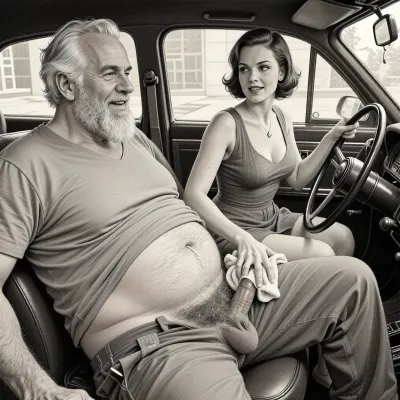 This is a detailed monochromatic pencil drawing in a classical illustrative style depicts a scene set 1950s, (obese bearded white haired older dilf in passenger seat receiving handjob by milf woman in driver seat), POV, lustful smile, focused on hairy scrotum, milf woman in driver seat is helping dilf cum, precum, dripping cocks, (((beautiful short brown hair milf, madam with hourglass figure, she is wearing in dress, (wide hips), in driver seat jerks-off his cock))), undersides of penis, hairy nutsack hand towel, dimly lit, tiny penis, sitting in car, fat and skinny, receiving handjob, v neck t shirt pulled up above big hairy belly, ((pubic hair:1.7)), sweatpants pulled down, masturbation, hairy scrotum. The overall mood is intense, rendered in fine, expressive line work and subtle shading, evoking the style of 1950s satirical or moralistic illustrations.