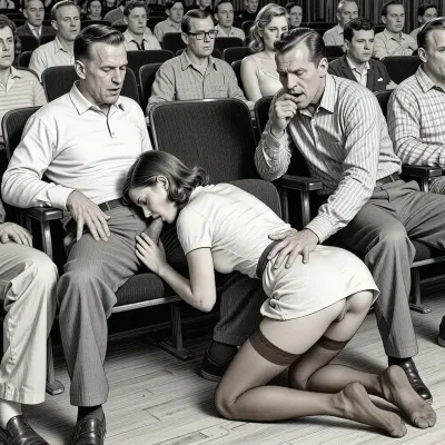 This is a detailed monochromatic pencil drawing in a classical illustrative style depicts a scene set in in the movie theater in the 1950s.2 old men are sitting on the cinema seats with the girl is on her knees in the middle, woman is wearing a 1950s dress and Her dress is slightly pulled up, she is wearing brown stockings but no panties, no shoes. both old men are casually dressed with open trousers and errected dicks, with brown hair, men are looking sexually aroused and lustful, a woman with her head bent down to the man's groin towards the groin of one of their old men sucks his cock, the second old man roughly touches her ass, candid amateur picture, man is fully visible, men are looking into camera, man's hand on woman's head, The cinema is full of people . The overall style is a black and white pencil drawing, capturing a candid moment. The scene has a formal, organized atmosphere. The overall mood is intense, rendered in fine, expressive line work and subtle shading, evoking the style of 1950s satirical or moralistic illustrations.