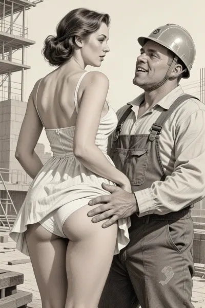This is is a detailed monochromatic pencil drawing in a classical illustrative style depicts a scene set Beautiful sexy brown elegant hairstyle mother stands leaning over at the construction site, wearing in summer dress, the hem of the dress is pulled up, white panties are down, fully clothed very ugly lustful fat construction worker in the coverall and a construction helmet who are hard Grabs her bottom with his hand, looking up, seductive face, lustful mocking smile on man's ugly face, rear view, The overall mood is intense, rendered in fine, expressive line work and subtle shading, evoking the style of 1950s satirical or moralistic illustrations.