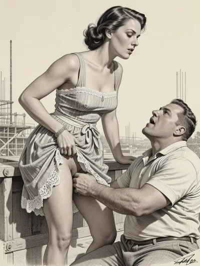 This is is a detailed monochromatic pencil drawing in a classical illustrative style depicts a scene set Beautiful sexy brown elegant hairstyle mother stands leaning over at the construction site, wearing in summer dress, the hem of the dress is pulled up, white lace, fully clothed very ugly lustful fat construction worker who are Grabs her labia with his hand looking up, seductive face, very excited, lustful man's face, The overall mood is intense, rendered in fine, expressive line work and subtle shading, evoking the style of 1950s satirical or moralistic illustrations.