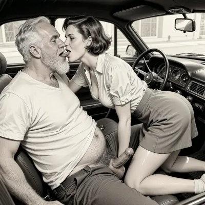 This is a detailed monochromatic pencil drawing in a classical illustrative style depicts a scene set blowjob in 1950s, (obese bearded white haired older dilf in passenger seat receiving blowjob by milf woman Standing on all fours in driver seat), POV, lustful smile, focused on hairy scrotum, milf woman in driver seat is helping older dilf cum, sucks the older dilf's cocks, (((beautiful short brown hair milf, madam with hourglass figure, she is wearing in an open blouse and a skirt, (wide hips)))), ((the woman tilted her head to older man's groin)), (the man one hand on woman's head), her skirt lift, ass up, undersides of penis, ((a woman sucks of a man's penis)), dimly lit, tiny penis, sitting in car, fat and skinny, v neck t shirt pulled up above big hairy belly, ((pubic hair:1.7)), ((scene blowjob:1.5)), cum on woman's lips, sweatpants pulled down, oral sex in the car, hairy scrotum. The overall mood is intense, rendered in fine, expressive line work and subtle shading, evoking the style of 1950s satirical or moralistic illustrations.