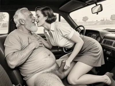 This is a detailed monochromatic pencil drawing in a classical illustrative style depicts a scene set petting in 1950s, (obese bearded white haired older dilf in passenger seat receiving A passionate kiss by milf woman Standing on all fours in driver seat), POV, lustful smile, focused on hairy scrotum, milf woman in driver seat is helping older dilf cum, masturbating the older dilf's cocks, (((beautiful short brown hair milf, madam with hourglass figure, she is wearing in an open blouse and a skirt, (wide hips)))), (((the woman looks at the older man))), (((her skirt pulled up:1.7)), ((her naked bottom is visible)), ((older man rough grabs her tits hard:1.4)), undersides of penis, ((a woman masturbating of a man's penis)), dimly lit, tiny penis, sitting in car, fat and skinny, v neck t shirt pulled up above big hairy belly, ((pubic hair:1.7)), cum on woman's lips, petting in the car, hairy scrotum. The overall mood is intense, rendered in fine, expressive line work and subtle shading, evoking the style of 1950s satirical or moralistic illustrations.)