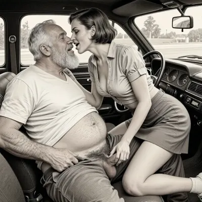 This is a detailed monochromatic pencil drawing in a classical illustrative style depicts a scene set petting in 1950s, (obese bearded white haired older dilf in passenger seat receiving A passionate kiss by milf woman Standing on all fours in driver seat), POV, lustful smile, focused on hairy scrotum, milf woman in driver seat is helping older dilf cum, masturbating the older dilf's cocks, (((beautiful short brown hair milf, madam with hourglass figure, she is wearing in an open blouse and a skirt, (wide hips)))), (((the woman looks at the older man))), (((her skirt pulled up:1.5)), ((her naked bottom is visible)), undersides of penis, ((a woman masturbating of a man's penis)), dimly lit, tiny penis, sitting in car, fat and skinny, v neck t shirt pulled up above big hairy belly, ((pubic hair:1.7)), cum on woman's lips, sweatpants pulled down, petting in the car, hairy scrotum. The overall mood is intense, rendered in fine, expressive line work and subtle shading, evoking the style of 1950s satirical or moralistic illustrations.)