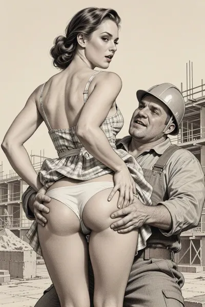 This is is a detailed monochromatic pencil drawing in a classical illustrative style depicts a scene set Beautiful sexy brown elegant hairstyle mother stands leaning over at the construction site, wearing in summer dress, the hem of the dress is pulled up, white panties are down, fully clothed very ugly lustful fat construction worker in the coverall and a construction helmet who are hard Grabs her bottom with both his hands, looking up, seductive face, mocking smile on man's ugly face, rear view, The overall mood is intense, rendered in fine, expressive line work and subtle shading, evoking the style of 1950s satirical or moralistic illustrations.