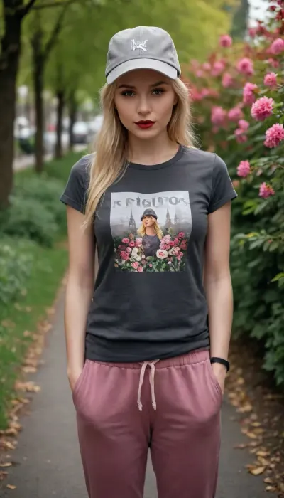 A girl in the city of Mellan, in a dark gray T-shirt with flowers drawn in the middle of the T-shirt, in dark birch-colored sweatpants, cherry-colored lipstick, blonde hair, in sneakers, a lady's hat on her head, and the girl must be very beautiful