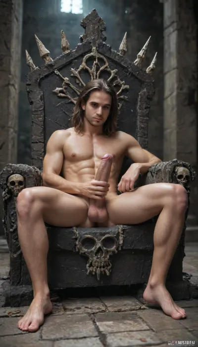 A 20-year-old brunette, a man with a huge penis, sits on a throne, legs spread, showing a hairless penis and balls, naked to the waist, (big penis:1.1), (erect penis:1.5), (masturbation:1.1), Skulls, for, the, Skull, Throne, <lora:Skulls for the Skull Throne:.8>