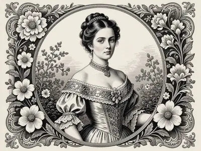 A retro-style black-and-white engraving depicting a beautiful Victorian lady in an ornate gown and with an elegant 19th-century hairstyle, surrounded by floral motifs and set in a vintage engraved frame, a black-and-white engraving in the style of an antique monochrome engraving, executed with a masterful line, (engraving style), .