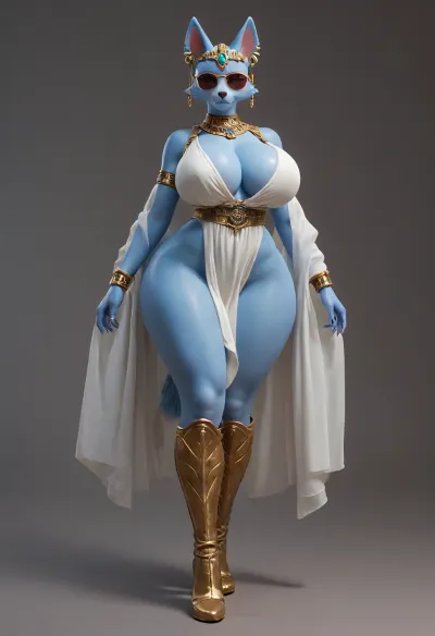 Crystal Furry Yiff, Star Fox Crystal, Anthro Woman, (big breasts:1.9), big hips, huge ass, sunglasses, pharaoh's clothes, smirk, ear piercing, white and blue skin, high detail, fox tail, gray background, legs in long boots with laces, <lora:add-detail-xl:.8>