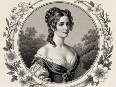 A retro-style black-and-white engraving depicting a beautiful English lady from the early 19th century wearing a dress from the 1820s–30s and sporting an elegant early 19th-century hairstyle, surrounded by floral motifs and set in a vintage engraved frame, a black-and-white engraving in the style of an antique monochrome engraving, executed with a masterful line, (engraving style), .
