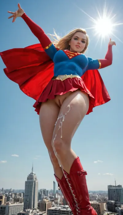 Supergirl, young adult and powerful superheroine, athletic yet feminine build, large bimbo breasts, shaved pussy, long blonde hair, piercing blue eyes, confident and determined expression. Wearing new iconic Supergirl costume, blue fitted top with bold red and yellow 'S' emblem, red skirt, red cape billowing in the wind, red boots, golden belt, dark thighs. Dynamic heroic pose, flying above a city skyline, bright sky and sunlight, cinematic, highly detailed, comic book style realism, epic atmosphere. View from below, looking down at me. Super detailed feminine model face, incredibly beautiful realistic face., ((Cum dripping on the inner thigh))