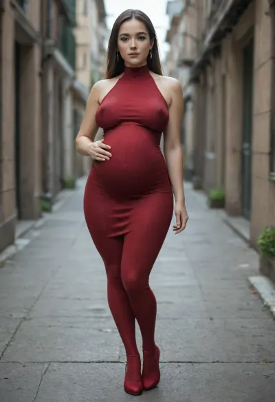 short slim thick, very large pregnant belly, wide hips, huge chested 40 year old woman, massive puffy areolas, wearing sexy full length burgundy bodycon dress