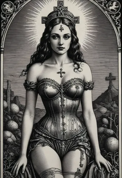 The temptress is an erotic woman, (19th century corset:1.1), (in the style of a tarot card an engraving:1.1), (very strong line work:1.5), (cross-hatching:1.8), deep shadows, strong contrast, black and white, sun in background, <lora:tarot_card:2>, <lora:woodcut:2>