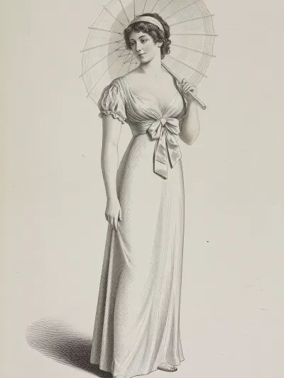 Masterpiece, best quality, intricate line engraving of a beautiful young woman from the early 19th century Regency era standing in elegant pose, wearing a delicate white high-waisted empire gown with short puffed sleeves and ruffled cuffs, wide satin sash tied in a large bow at the waist, holding a large open parasol with fine spokes resting on her right shoulder, left hand lightly touching the dress, curly dark hair with a light headband, soft serene facial expression, highly detailed face, precise hatching and cross-hatching shading, sharp clean linework, historical fashion plate illustration in the style of 1810s engravings, monochrome black ink