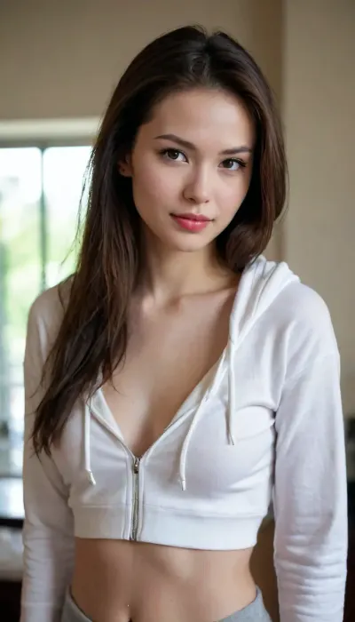 beautiful sexy slender young lady, hot sweaty pale white skin, kind soft, flirty eyes, flirty smirk, half-asian, crop white hoodie exposing midriff, pale brunette, nude otherwise, exposed shoulder