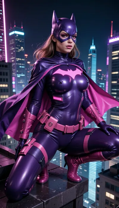 Batgirl-inspired bimbo superheroine, adult bimbo woman, perched on a skyscraper edge above a futuristic city, long flowing cape, sleek tactical suit, glamorous yet intimidating presence, fashion-editorial superhero photography, dramatic night skyline, neon reflections, cinematic lighting. Buxom Bimbo body shape, bright heavy bimbo makeup.

Pink and purple color scheme, deep violet suit, bright pink bat symbol, metallic pink utility belt, purple cape with glowing pink interior, subtle neon accents, luxurious materials, ultra-realistic, highly detailed eyes, dynamic pose, premium comic-book realism, masterpiece, 8k, sharp focus.