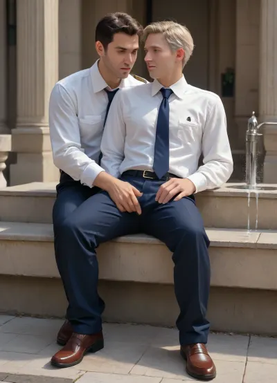 2 Italian handsome 25 year old men in navy pleated formal police uniform pants, white shirt, bulge, stab to the dick, fingering, masturbate, milk splash like fountain, High detail, correct anatomy, perfect facial features, perfect hands, perfect fingers, 5 fingers, caresses, full body