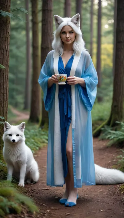 Furry white fox with ten tails, large breasts, dressed in a blue transparent robe, slippers on her feet, standing in the forest near her house and drinking tea