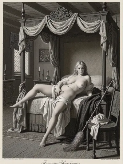 A young, pale-skinned woman, likely a servant, in a state of undress, with long blonde hair and a slightly disheveled appearance. She is reclining on a large, ornate bed with draped curtains. Her dress is partially removed, revealing her ample breasts, legs, and torso. Her left hand is between her legs, spreading the folds of her labia open with her fingers.

An opulent bedroom interior, characteristic of 18th or 19th-century European design. Features include a grand four-poster bed with heavy drapes, a small bedside table with a candlestick and what appears to be a carafe, a window with a textured curtain, wooden plank flooring, and a wooden chair with a woven seat. The ceiling shows exposed wooden beams. A feather duster and cloth servants bonnet are lying on the chair.

An antique black and white etching or engraving. The style is highly detailed with fine cross-hatching for shading and texture, giving it a classic, historical artistic quality. The aesthetic evokes rococo or baroque illustration.

The scene is lit from a single source, presumably a window off-frame to the left, creating directional light that highlights the subject and objects. Shadows are deep and contribute to the dimensionality and dramatic effect of the etching.

A vertical, eye-level shot that focuses on the central figure within the bedroom setting. The bed dominates the middle ground, with the subject positioned prominently on it. The composition is balanced, with elements like the bedside table and chair framing the central action. The text at the bottom suggests it's part of a larger illustration or book.