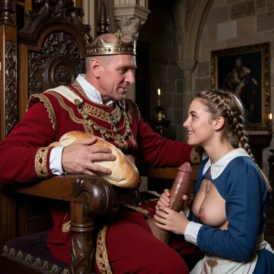 titjob, Prompt A medieval scene, (bald man skinny king with white bread with cock sitting on a grand wooden throne, (wearing red Royal suit), . A short-haired braid hair blonde, (Slave Servant girl), with blue eyes with medium breast are jerking large cock, (beautifull slave servant girl wear dirty blue servant clothing), . Nice toes, perfect face The setting is a dimly lit stone castle hall.Side view, (Woman smil and wear dirty blue clothes), . 8k quality. Smiling face. CUM dripping tits. Man Pulling her hair.)
