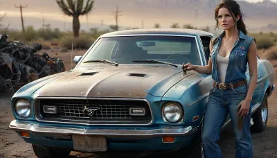 Create a photorealistic scene set in the Arizona desert during the 1970s. A breathtaking female auto mechanic, drenched in sweat and covered in grease, stands in front of a brown classic, (Mustang Gen 2 from 1974:1.3), with its hood open. Her blue overalls are partially unbuttoned, revealing glimpses of skin, and her hands and face are smudged with oil. The intense desert heat creates a hazy, dusty atmosphere, adding a gritty, authentic vibe. She holds tools in one hand, focused and skilled, while the sun sets in the background, casting a warm glow. The entire scene captures the raw, hardworking essence and the sultry charm of the mechanic, (ziprealism:1.3), ultra-sharp details, realistic skin texture, refined contrast, 8k detail, authentic facial expression, clean composition, (maximum photo quality:1.4), (maximum resolution:1.5), Black, and, white, art, black, shading, charcoal, toned, brutal, dark, b/w, color, scheme, DonMSp3ctr4lXL, clothes, htk-mstng2, <lora:Black and white art.V1:.2>, <lora:photorealistic_portrait_notrigger:1.1>, <lora:MJ52:.5>, <lora:DonMSp3ctr4lXL-000008:.9>, <lora:Mustang_Gen_2_1974:.8>