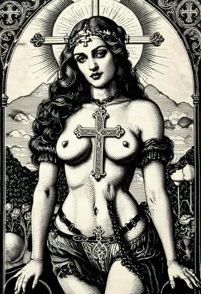 The temptress is an erotic woman, (19th century corset:1.1), (in the style of a tarot card engraving:1.1), (very strong line work:1.5), (cross-hatching:1.8), deep shadows, strong contrast, black and white, sun in background, <lora:tarot_card:2>, <lora:woodcut:2>