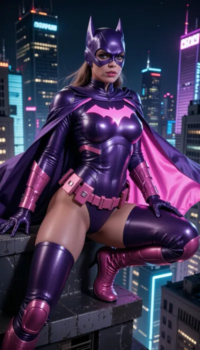 Batgirl-inspired bimbo superheroine, adult bimbo woman, perched on a skyscraper edge above a futuristic city, long flowing cape, sleek tactical suit, glamorous yet intimidating presence, fashion-editorial superhero photography, dramatic night skyline, neon reflections, cinematic lighting. Buxom Bimbo body shape, bright heavy bimbo makeup.

Pink and purple color scheme, deep violet suit, bright pink bat symbol, metallic pink utility belt, purple cape with glowing pink interior, subtle neon accents, luxurious materials, ultra-realistic, highly detailed eyes, dynamic pose, premium comic-book realism, masterpiece, 8k, sharp focus.