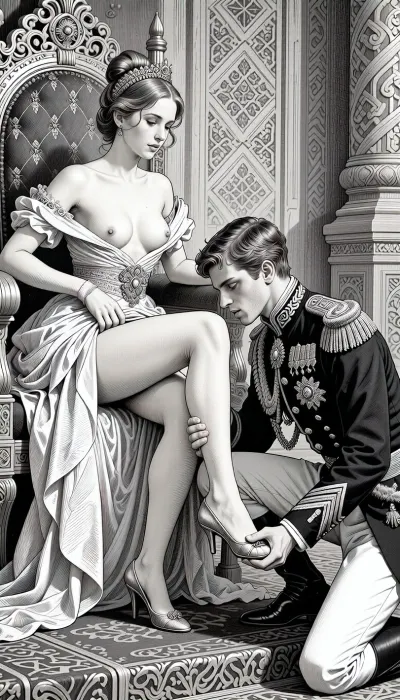 A detailed graphic illustration in the style of 19th-century Russian fairy tales, characterized by fine ink lines and a rich grayscale engraving aesthetic. Cinderella sits on an ornate royal throne. Her royal gown is already draped and lifted, gracefully revealing her superb, perfectly anatomically shaped bare legs from knee to toe. The dress has slipped from her shoulders, revealing her firm, shapely breasts. Before her, a handsome young prince, dressed in a strict military officer's uniform adorned with elaborate epaulettes, kneels. He delicately holds her foot and carefully slips on a dainty, low-heeled slipper of fine leather, trimmed with a simple, elegant vair fur border. The surrounding throne room exudes Slavic architectural charm, with its intricate geometric friezes and carved wooden columns. The drawing features crisp lines, a high-contrast monochrome palette, perfect anatomy, precise leg lines, and a unique, harmonious composition.