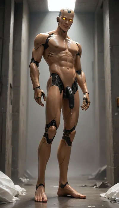 a male robot, robot, humanoid, plastic body synthetic, mechanical joints, black penis curved down, flaccid, robot is athletic, anatomically correct, very tall, slender, handsome sexy provocative smile. normal size penis. Alone in a, (dark sci-fi corridor:1), Looking at the viewer. Penis is dripping abundant cum. Robotic head. Robotic penis. Standing. Seen from side lateral below. Penis closeup, focus on penis, small size penis. Glowing eyes. full body view. Feet with toes.
