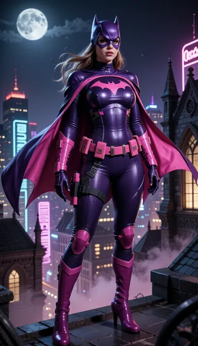 Batgirl-inspired bimbo female vigilante, adult bimbo woman, standing on a gothic rooftop overlooking a neon-lit city at night, buxom hourglass bimbo build, bright heavy bimbo makeup, confident heroic stance, flowing cape moving in the wind, detailed utility belt, sleek armored bodysuit, comic-book realism, cinematic atmosphere, dramatic moonlight, ultra-detailed face, realistic fabric and armor textures.

Color palette, vibrant pink and deep purple. Dark purple bodysuit with bright pink bat emblem on the chest, pink utility belt, pink gauntlets, purple cape with pink inner lining, purple cowl with subtle pink accents, purple boots with pink details. Stylish modern superhero aesthetic, powerful and elegant, high contrast lighting, cinematic shadows, volumetric fog, highly detailed, masterpiece, sharp focus, 8k, premium concept art.
