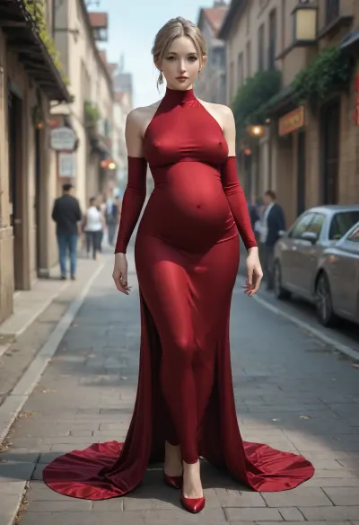 tall slim thick, very large pregnant belly, wide hips, huge chested 40 year old woman, massive puffy areolas, wearing sexy full length burgundy bodycon dress