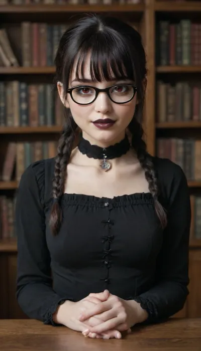 gothic, goth, pale skin, dark black-red eyes, black hair, bangs hair, black eyeliner, (black lipstick), white skin, perfect eyes, small eyes, detailed eyes, small nose, good anatomy, ultra detailed, high resolution, fake breasts, slut face, whore, (ahegao:1), sexy posing, (illustration:1), (hand drawn:1), (anime:1), Stable-Yogis-Makeup-Enhancer-XL, meetyan, 1girl, black, eyes, glasses, black-framed, eyewear, round, long, hair, bangs, blunt, sidelocks, single, braid, twin, braids, braided, ponytail, sleeves, dress, puffy, gloves, juliet, bookshelf, indoors, library, smile, evil