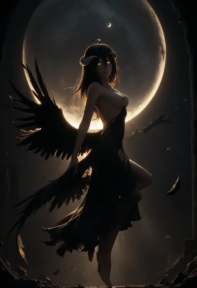 masterpiece, (albedo, wings, torn black dress, necklace, pale skin, perky nipples, glowing eyes, slight smile), (solo, graceful pose), (moonlight, (moon, eclipse), backlighting, mysterious atmosphere), cool lighting, (side view, back arched, full body), falling feathers, <lora:dark:1.4>