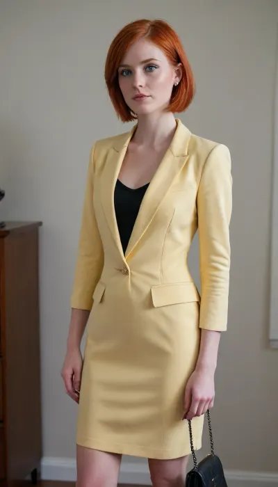She is a college girl. She has an average-height stature and her build would best be described as lithe. She has beige skin and blue eyes, and her very short red hair is in a neatly trimmed crew cut.

She has perky breasts and a modest butt.

Her most distinguishing feature is her heavy-lidded eyes. Her fashion sense would best be described as business casual.

She is wearing a yellow knee-length double breasted blazer dress, black and black stiletto heels, and a gold mini purse.