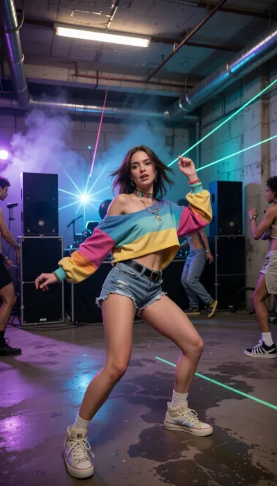 A beautiful young woman dancing at an underground rave in the early 1990s. She wears authentic rave fashion from 1991–1993, oversized colorful clothing, loose-fitting top, vintage sneakers, layered accessories, natural makeup, and expressive dance movements. The venue is an abandoned warehouse filled with fog, laser lights, strobe effects, large speaker stacks, and energetic dancers. Industrial concrete walls, exposed pipes, vibrant atmosphere, underground acid house culture, candid documentary-style photography, photorealistic, realistic skin textures, cinematic lighting, 35mm film photography, slight film grain, highly detailed, dynamic motion, authentic early 1990s rave scene.