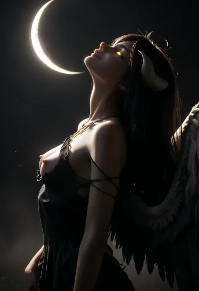 masterpiece, (albedo, wings, torn black dress, necklace, pale skin, perky nipples, glowing eyes, slight smile), (solo, graceful pose), (moonlight, (moon, eclipse), backlighting, mysterious atmosphere), cool lighting, (side view, back arched, head back, full body, dramatic), <lora:dark:1.4>