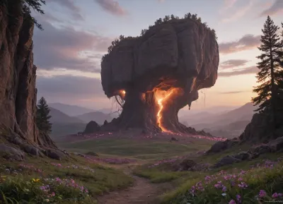 There is a fantasy landscape in the background. Twilight. Rocky mountains, unearthly huts cling to the steep slopes. Strange lights glow here and there, the sky is purple, and a satellite planet glows faintly on it. There are faintly glowing beautiful bright flowers all around, especially a lot of them under a bizarrely curved huge spreading tree., ((faintly glowing beautiful bright flowers)), ((the sky is purple)), ((Strange lights)), ((huts cling to the steep slopes)), tonight