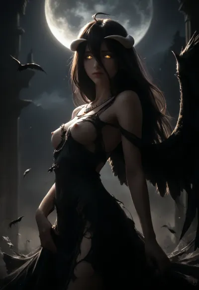 masterpiece, (albedo, wings, torn black dress, necklace, pale skin, perky nipples, glowing eyes, slight smile), (solo, looking longingly, graceful pose), (moonlight, (moon, eclipse), backlighting, mysterious atmosphere), side view, <lora:dark:1.4>