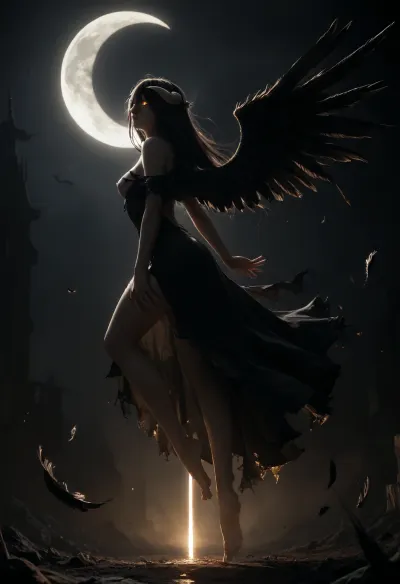masterpiece, (albedo, wings, torn black dress, pale skin, perky nipples, glowing eyes), (solo, graceful pose), (moonlight, (moon, eclipse), backlighting, mysterious atmosphere), cool lighting, (side view, back arched, full body), falling feathers, <lora:dark:1.4>
