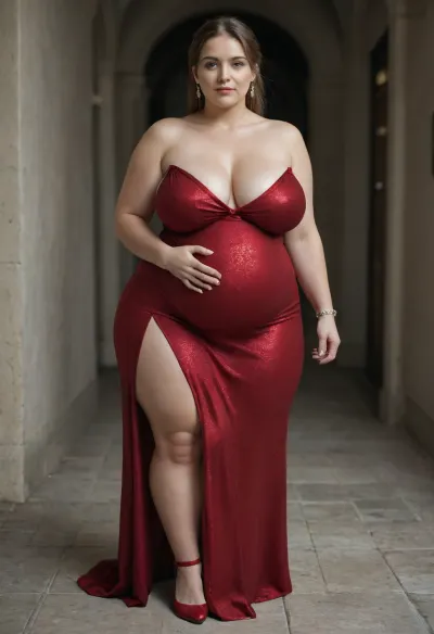 tall slim thick obese bbw, very large pregnant belly, wide hips, huge saggy chested 40 year old woman, massive puffy areolas, wearing sexy full length burgundy bodycon dress