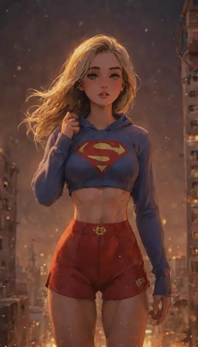Ultra-detailed cinematic movie portrait of DC comics Supergirl Milly Alcock standing on rooftop of Daily Planet, long wavy messy blonde hair, large expressive green eyes, soft freckles, glossy skin, slightly surprised and vulnerable expression, with a voluptuous hourglass thick athletic built figure with washboard abs, intricate outfits, wearing a long-sleeve cropped hoodie with red and blue accents and red shorts with a gold Superman emblem, toned slim physique, dramatic soft lighting from overhead fluorescent lights, shallow depth of field, realistic fabric folds, subtle sweat and texture details, modern stylized comic-book aesthetic, highly detailed face, vibrant colors, cinematic composition, photorealistic digital painting, bokeh background, centered full-body framing, high-resolution, ArtStation quality, Unreal Engine render style, perfect anatomy, best quality, 8k, insane details, intricate details, hyperdetailed, hyper quality, ultra detailed, professional, HDR, ray tracing reflection, cinematic lighting, highlydetailedbody, realisticface, highlydetailedhair, perfectfingers, insanelydetailed, 8K.highdetailedskin, highresolution, (j_cartoon:1.5), Drawing, uberfit, muscular, athletic, rha3, woman, targaryan, <lora:rhaenyra young - rha3 woman sdxl:2>, DCEU, Supergirl, PowerGirl, <lora:f0f34de2-5e88-48a4-8ef5-e4e6c30adb6d.TA_trained:.8>, <lora:samdoesarts1.1-000030:.4>, <lora:J_cartoon:.3>, <lora:Animated_Concept:.4>