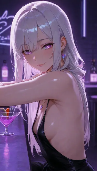 human, cocktail bar, mature, date, neon lights, dark ambient, blue ambient, purple ambient, sitting at table, smile, (sparkling eyes:1.2), smooth hair, glowing eye, (close-up:.8), beautiful tight black dress, slim body, gentle eyes, purple eyes, white hair, pretty heart necklace, earrings, hair bound up, long side bangs, (small chest size), (side view), innerboob, sideboob