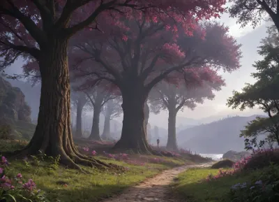 There is a fantasy landscape in the background. Twilight. Rocky mountains, unearthly huts cling to the steep slopes. Strange lights glow here and there, the sky is purple, and a satellite planet glows faintly on it. There are faintly glowing beautiful bright flowers all around, especially a lot of them under a bizarrely curved huge spreading tree., ((faintly glowing beautiful bright flowers)), ((the sky is purple)), ((Strange lights)), ((huts cling to the steep slopes)), tonight, ((The gorge)), (Creepy beasts in the style of Boris Vallejo)