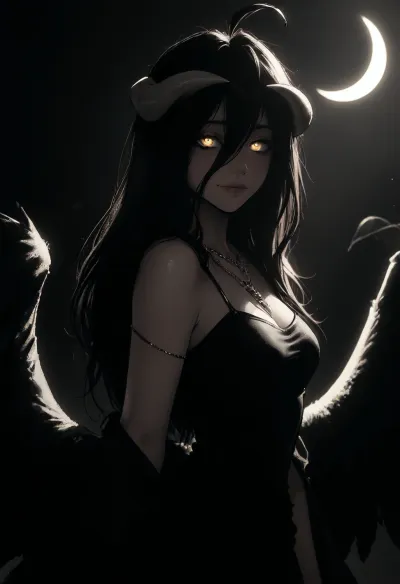 (Melkor mancin meets markgavatino style), reiq style, Cel-shaded, lineart, line art, flat colors, flat color, masterpiece, (albedo, wings, black dress, necklace, pale skin, glowing eyes, slight smile), (solo, looking longingly, graceful pose), (moonlight, (moon, eclipse), backlighting, mysterious atmosphere), cool colors, side view, <lora:lineartSDXL:1.1>, <lora:mk_Bp Anime_xl:.8>, <lora:dark:.4>