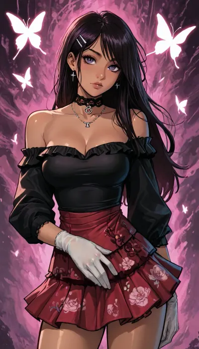 Melkor mancin meet markgavatino style, ((symmetric brown eyes, heavy eye shadow)), (purple background psychedelic abstract), (dark skin:1.5), muscular, (goth:.1), ((short Chinese princess in an off‑the‑shoulder tight dress with microskirt short hem, with botanical floral patterning embroidery)), (portrait pose arched back exaggerated ass and tits curves, slightly reveal hint of sheer wet lace red panties), ((large plump cleavage breasts)), glowing purple flowers butterflies, (reiq style), Score_9, score_8_up, score_7_up, masterpiece, lipstick, blush, purple glitter, (1woman, 8k resolution, ultra-detailed), solo, ratatatat74, super thick long hair blowing in the wind, hair clips bangles, wet thighs dripping, butterflies, necklace choker, <lora:LCMTurboMix_Euler_A_fix:1.1>, <lora:ratatatat74-000050:1.1>, <lora:SDXLSamDoesArts:1.1>, NEGATIVE_HANDS, purple gloves