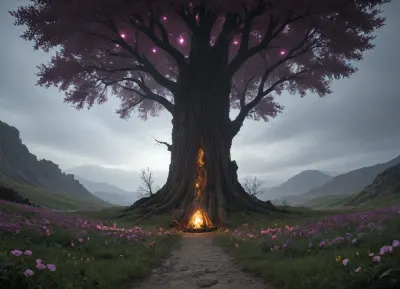 There is a fantasy landscape in the background. Twilight. Rocky mountains, unearthly huts cling to the steep slopes. Strange lights glow here and there, the sky is purple, and a satellite planet glows faintly on it. There are faintly glowing beautiful bright flowers all around, especially a lot of them under a bizarrely curved huge spreading tree., ((faintly glowing beautiful bright flowers)), ((the sky is purple)), ((Strange lights)), ((huts cling to the steep slopes)), tonight, ((The gorge)), ((Creepy beasts in the style of Boris Vallejo))