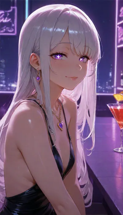 human, cocktail bar, mature, date, neon lights, dark ambient, blue ambient, purple ambient, sitting at table, smile, (sparkling eyes:1.2), smooth hair, glowing eye, (close-up:.8), beautiful tight black dress, slim body, gentle eyes, purple eyes, white hair, pretty heart necklace, earrings, hair bound up, long side bangs, (small chest size), (side view), innerboob, sideboob