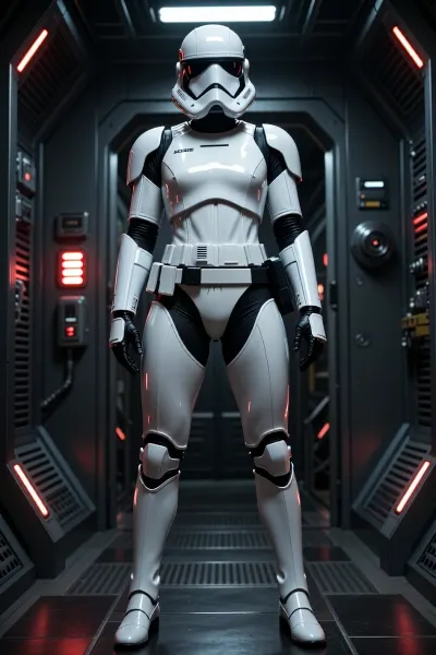 A full-body portrait of an elite female stormtrooper standing at attention inside a sleek Imperial corridor. The armor is unmistakably stormtrooper armor but subtly tailored for a woman, with elegant athletic proportions and a commanding presence. The polished white armor contrasts against the dark metallic interior illuminated by red Imperial warning lights. Her pose radiates authority, discipline, and confidence. Reflections shimmer across the armor's glossy surfaces. Cinematic framing, realistic science-fiction photography, ultra detailed armor, photorealistic materials, dramatic lighting, sharp focus, high-end movie production quality, Star Wars universe aesthetic.
