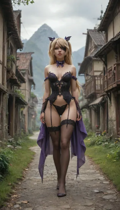 score_9, score_8_up, score_7_up, ((best quality:2)), (fantasy art, dark fantasy:1.1), the Chinese village landscape, the Chinese mountain landscape, busty Fischl Genshin Impact, magic bow, full body view, <lora:tornclothesv6-8:2>, <lora:ClearHand-V2:.9>, <lora:EnvyElementalWaterXL01:1.5>